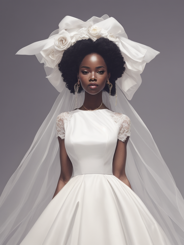 Portrait of a beautiful african american woman wearing a white wedding dress, by tran nguyen