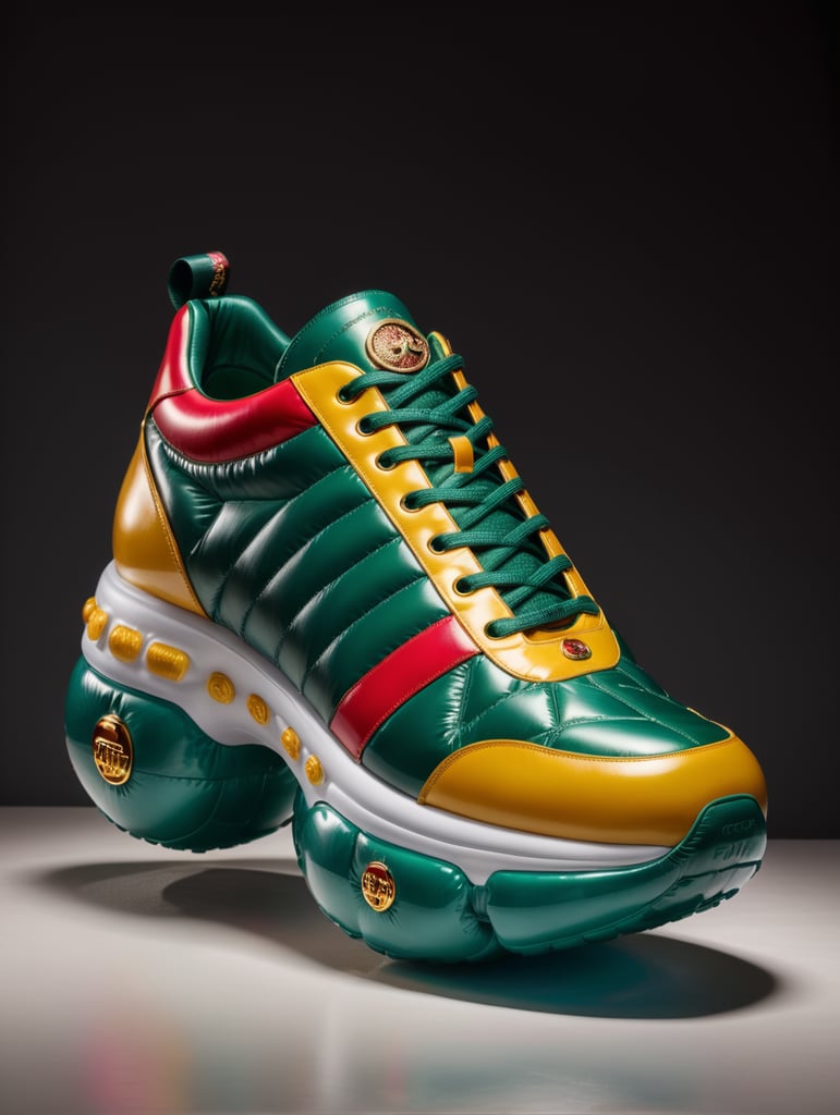 Inflatable shoes gucci like x prada, minimalism, modern, design collection, super minimal, isolated, saturated background