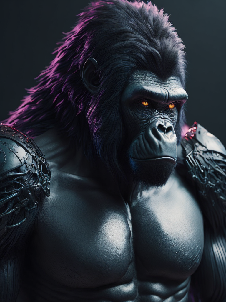 cybernetic gorilla, hyper-realistic, cyberpunk style, sharp on details,