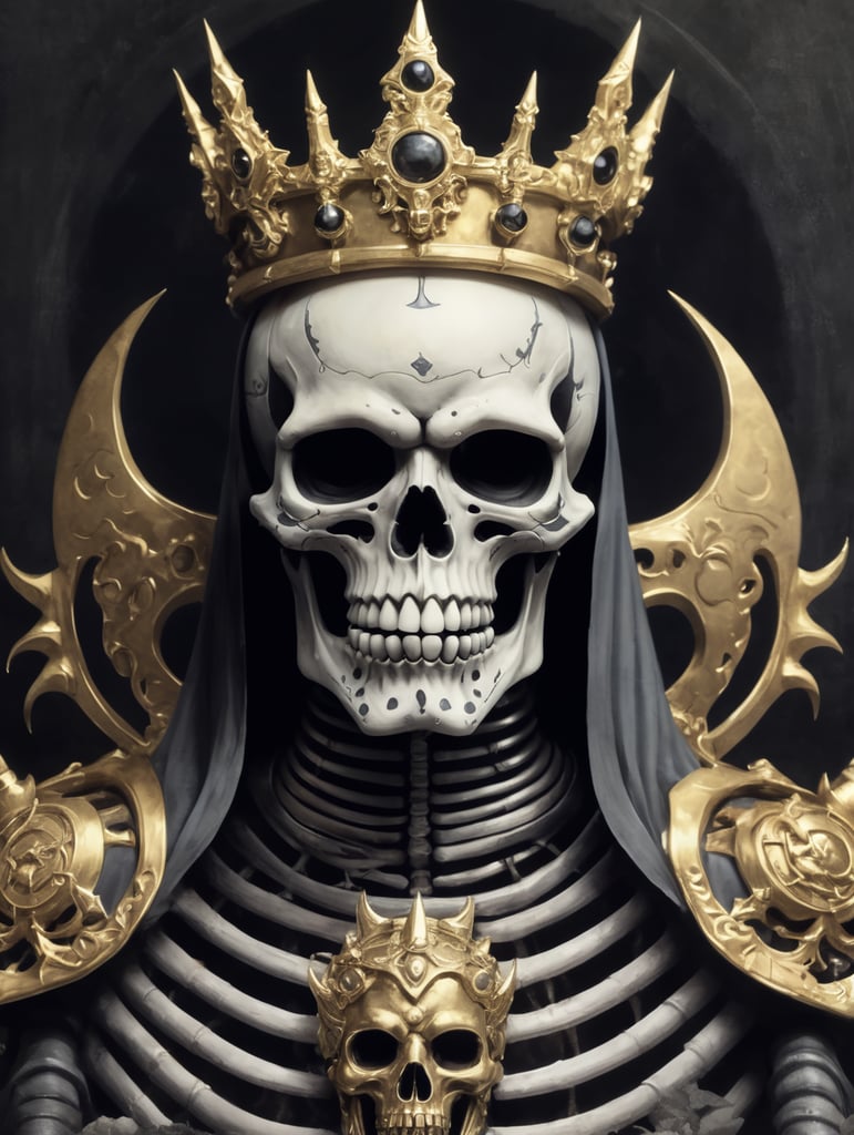 in the style of dark 90's anime. a drawing of a skeleton with an oni mask and a gold crown