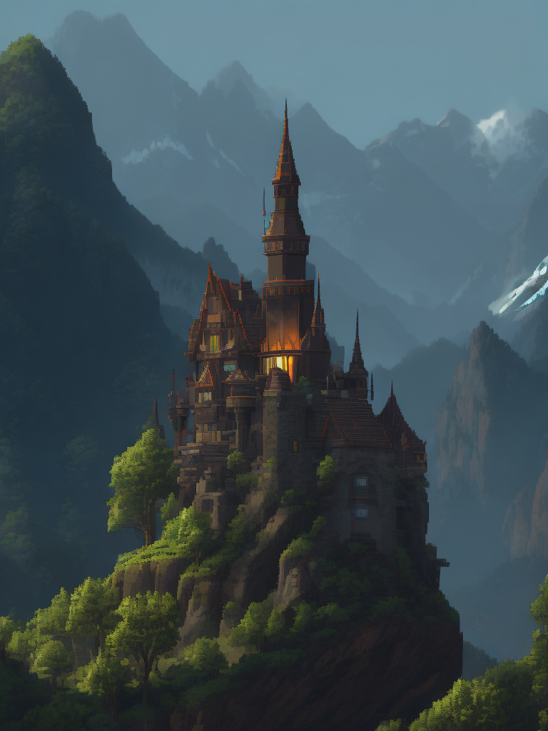 A forbidden castle high up in the mountains, pixel art