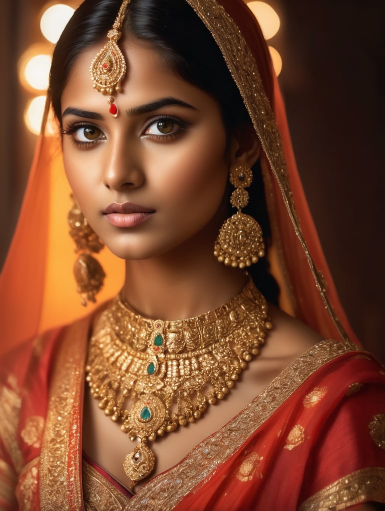 Portrait of a young, beautiful girl from India in a folk Indian dress and jewelry, Bright expressive makeup, Dramatic Lighting, Depth of field, Incredibly high detailed, bollywood