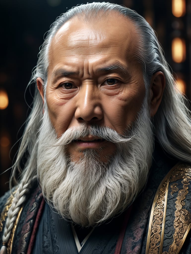 Wise old japanese man from tokyo with a long white beard, intricate, sharp focus, fantasy, cinematic lighting, otherworldly, surreal 8k photo, dark moody aesthetic
