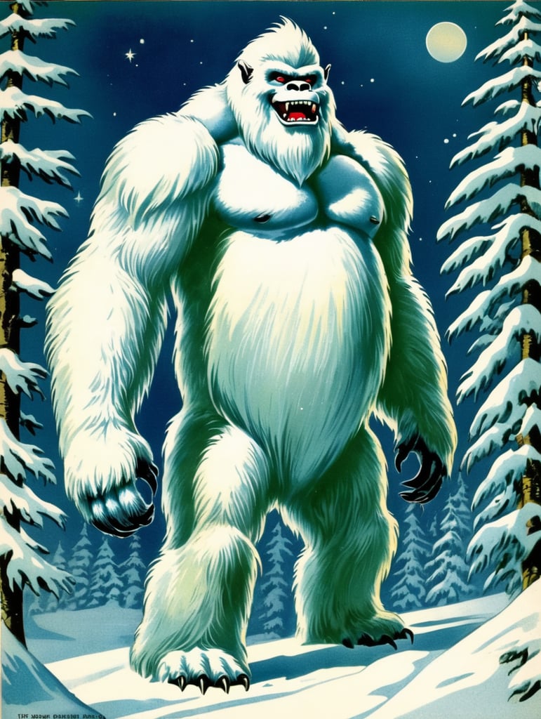 Yeti, Abominable Snowman, vintage Christmas postcard illustration