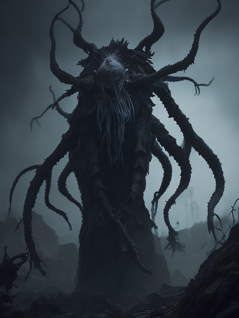 Creature eldritch horror, dark obscured by fog, photorealistic, eight arms