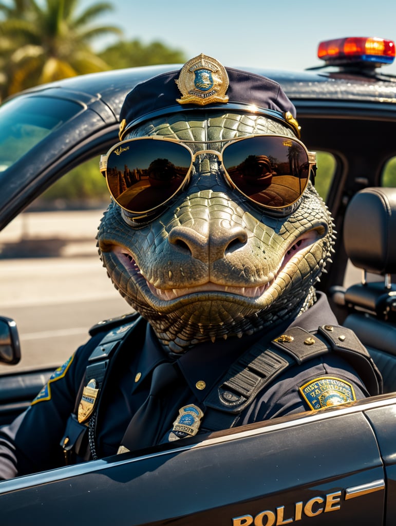 Alligator police officer, sitting behind the wheel of a police car, close-up shot, sunglasses, clipart, stock photo