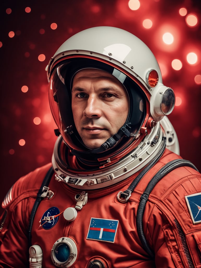 cosmonaut Yuri Alekseyevich Gagarin in a red space suit, a red space uniform