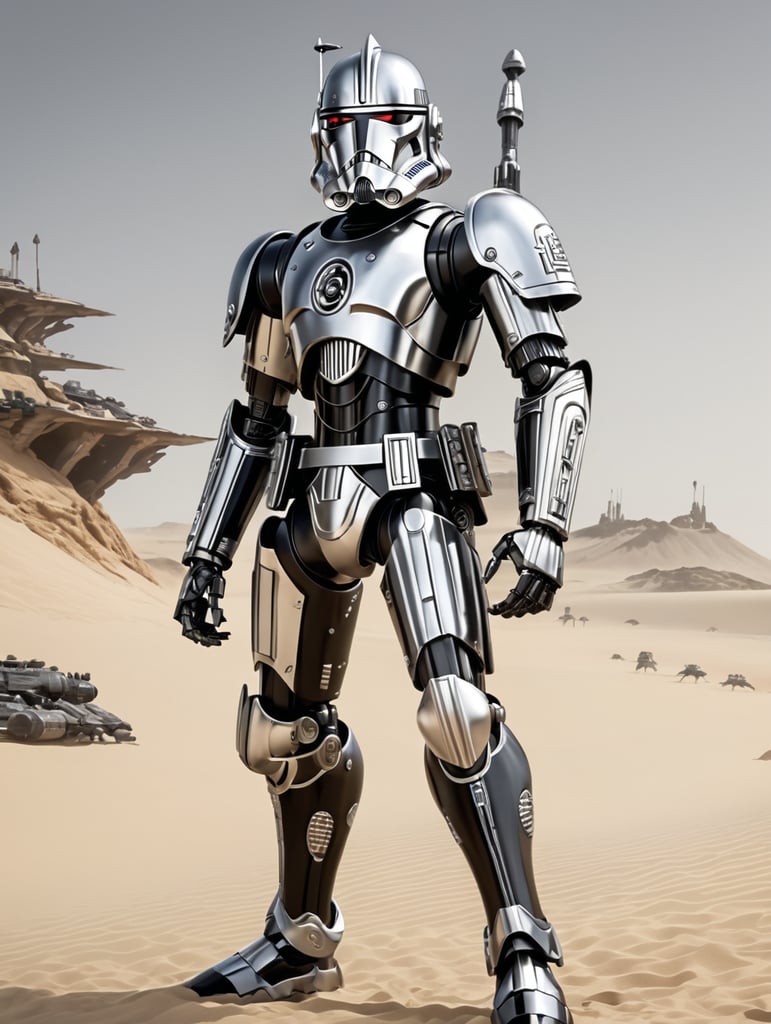 commando droid, star wars, full body, battle pose, shiny black and white armor, shiny silver light eyes