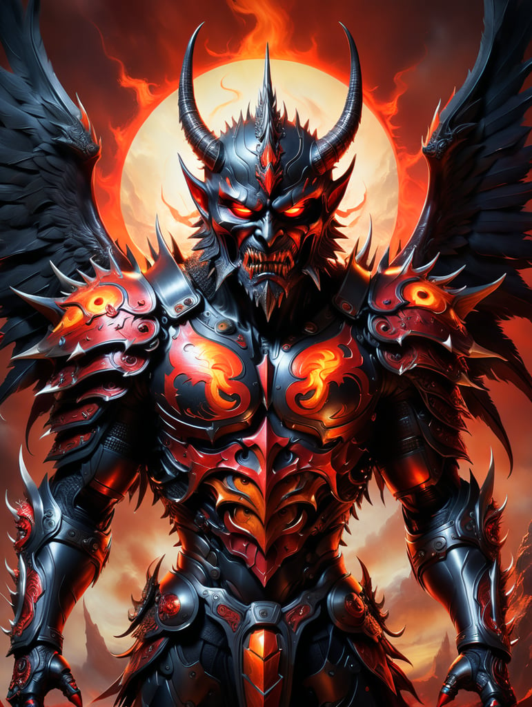 A full body art illustration of a hellish winged demonic deity with metallic armor and a spiky razor sharp mask over his face crimson orange red obsidian black, soft light, soft glow, large crimson halo, Intense colors. Digital art, hyper detailed, masterpiece, high quality, depth of field, ultra HD