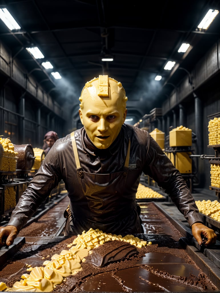 a person made of butter running a chocolate factory