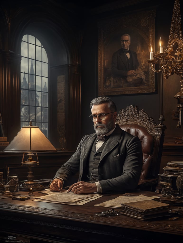 an accountant sitting at a desk in the style of victorian photograph