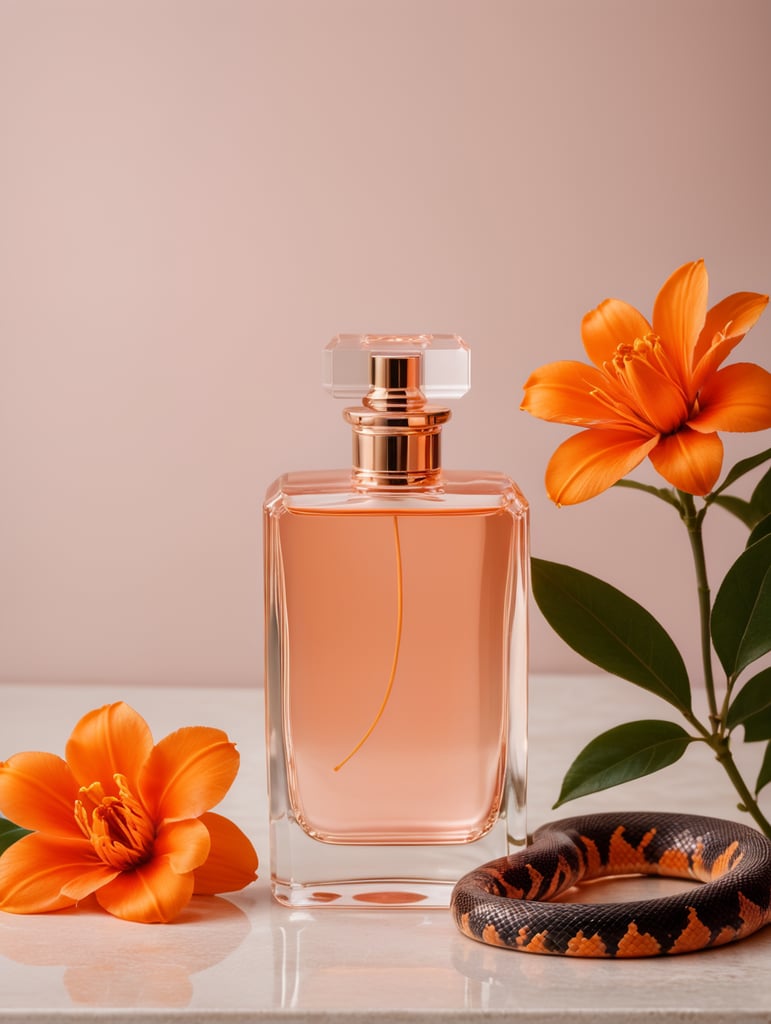 Minimalist pink perfume bottle, snake next to bottle, orange flowers