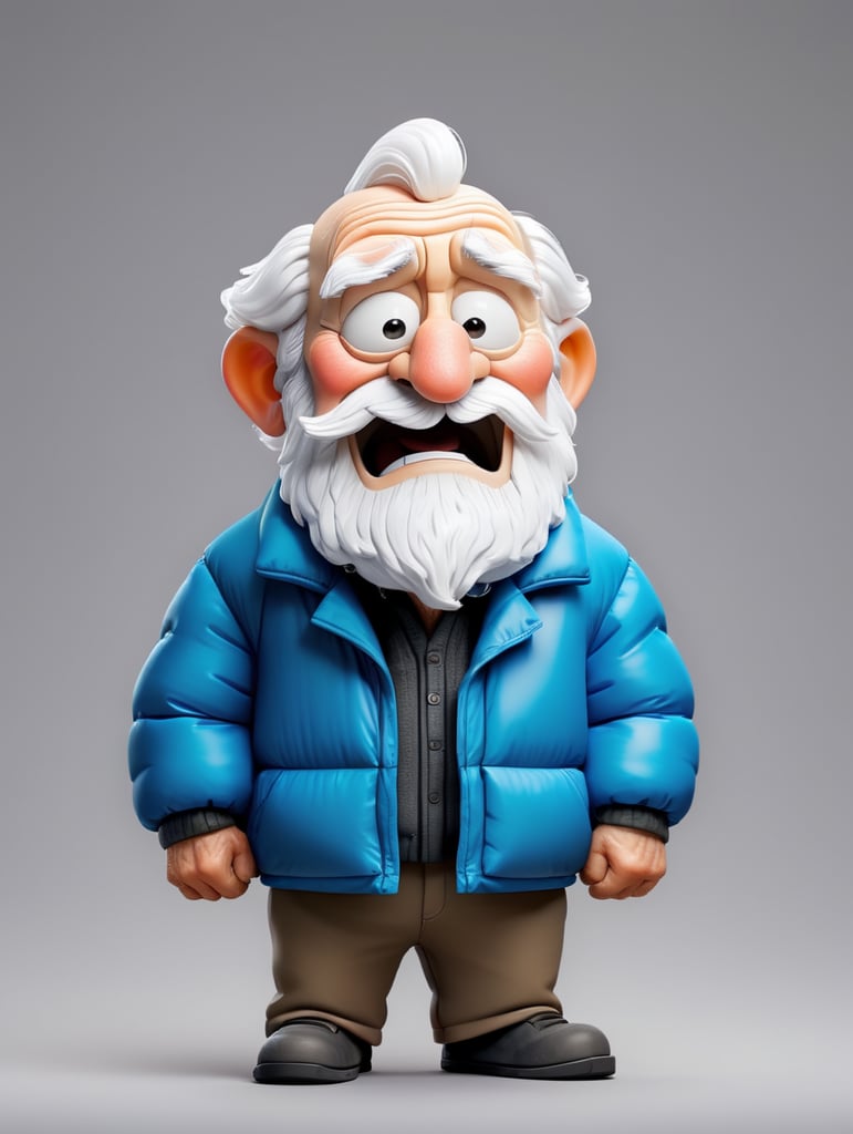 Inflatable white minimalist old man with beard puffer jacket, transparent, isolated, grey background, mockup