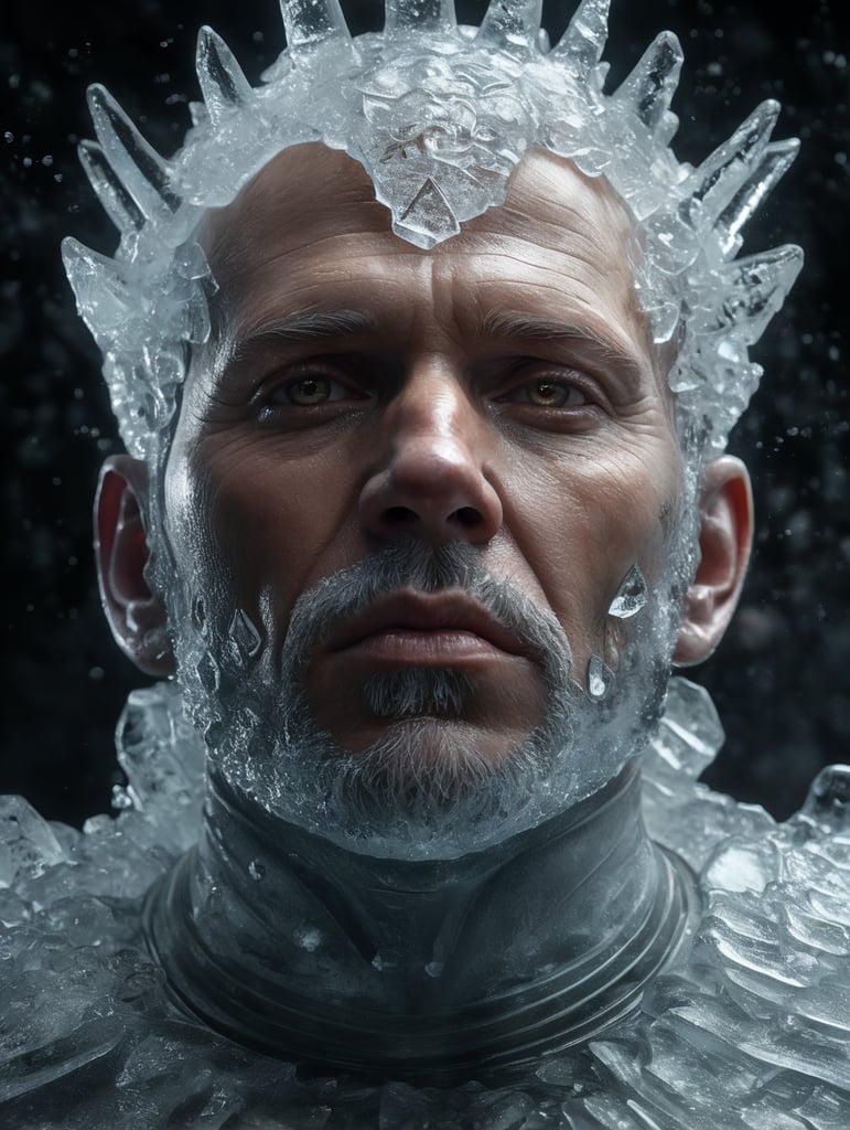 Portrait of a Translucent man made from the ice, organs are visible through the ice