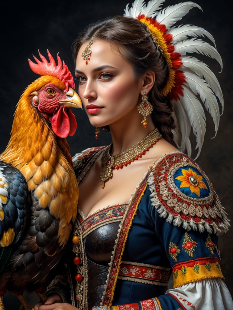 Portrait of a Beautiful women from Romania wearing traditional costume hugging a Rooster