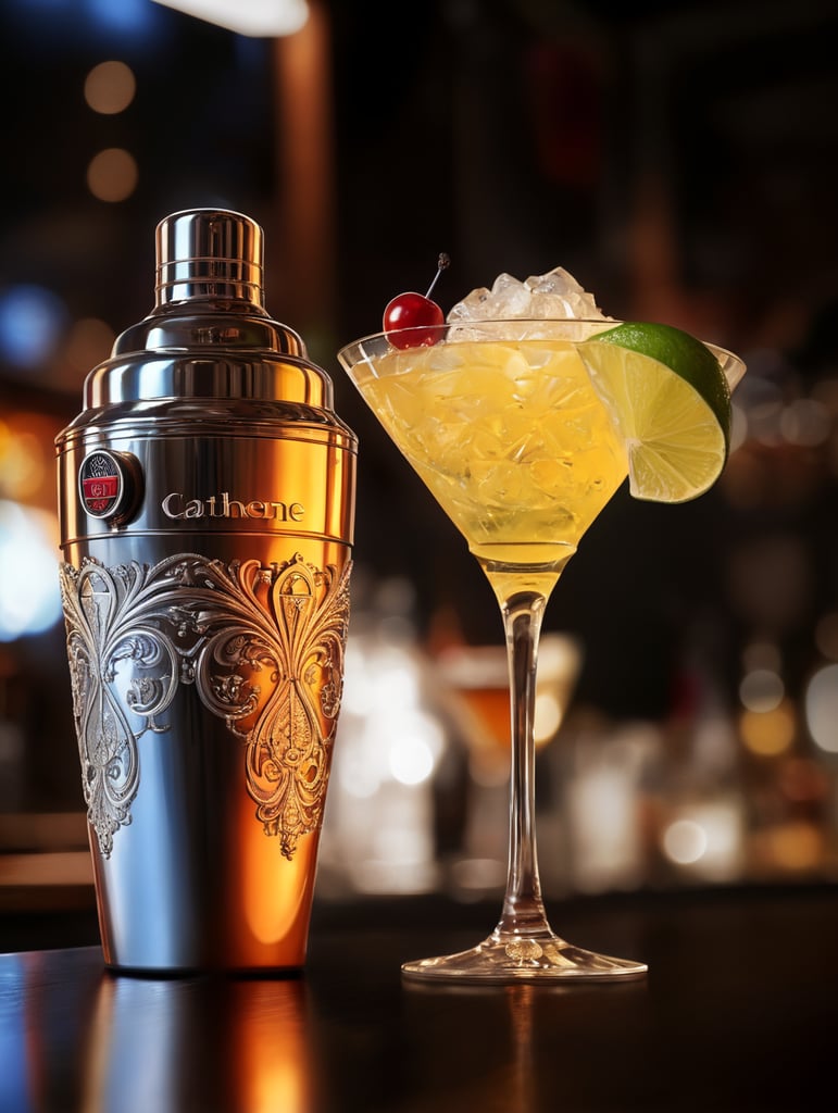 in the style of Catherine Abel - cocktail shaker and cocktail
