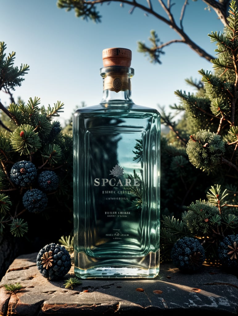 professional photography of a square gin bottle, square bottle, surrounding a juniper and juniper berries, one shot of gin in a front, no label, clear, mockup