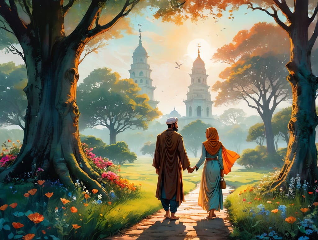In a serene, sunlit garden, muslim couple stand beneath a towering oak tree. They face each other, holding hands, their eyes filled with deep affection. Around them, vibrant flowers and lush greenery symbolize growth and life. On the ground, an open Bible rests, its pages gently rustling in the breeze. This one frame scene encapsulates a love story rooted in faith, where love and spirituality intertwine, giving strength and depth to their connection.