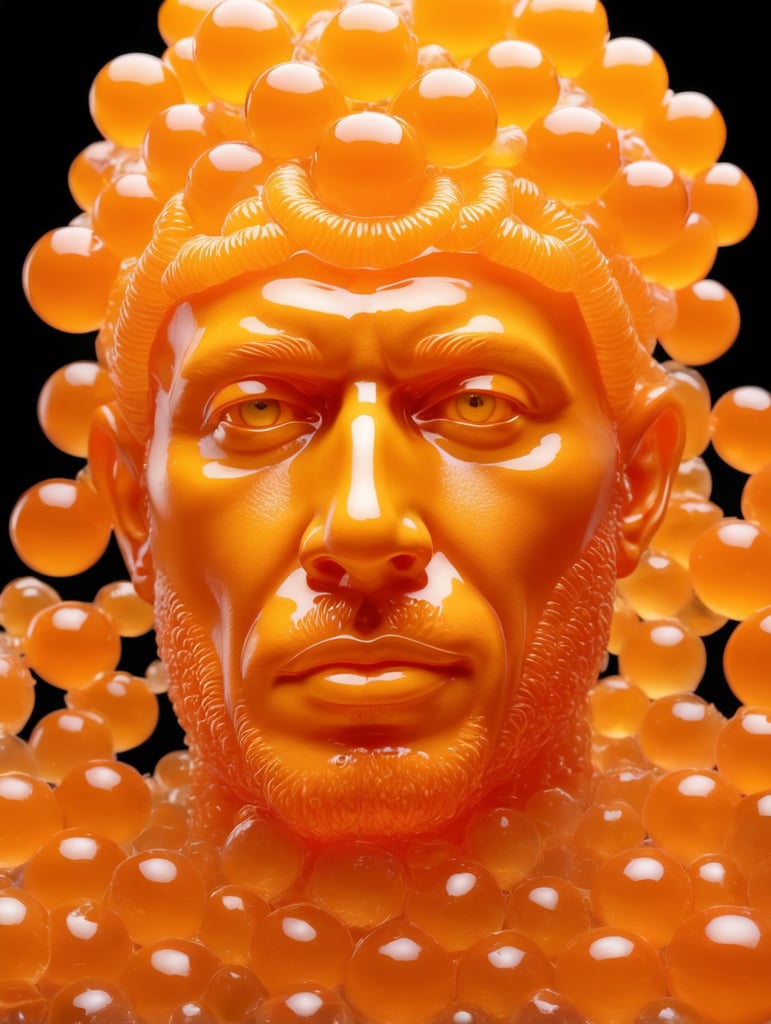 Portrait of a Translucent orange man made from the orange fruit, organs are visible through the jelly, isolated black background