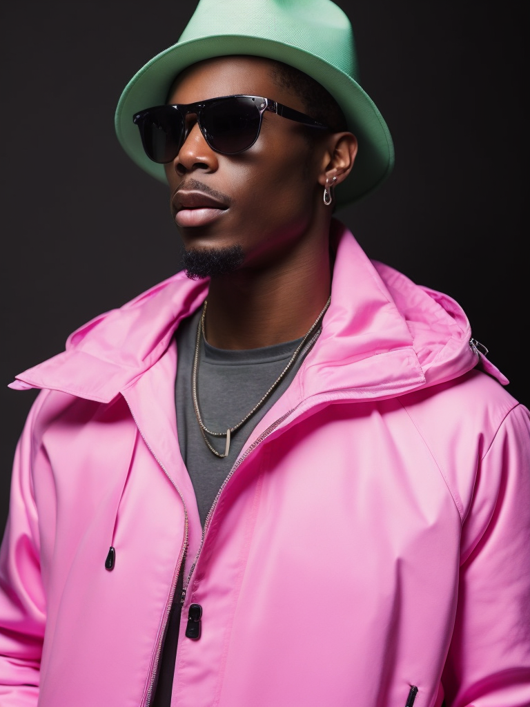 Black male fashion model, Wearing a pink jacket and a green panama hat, large black sunglasses, Black background, Bright and rich colors, bright saturated color, sharp focus,