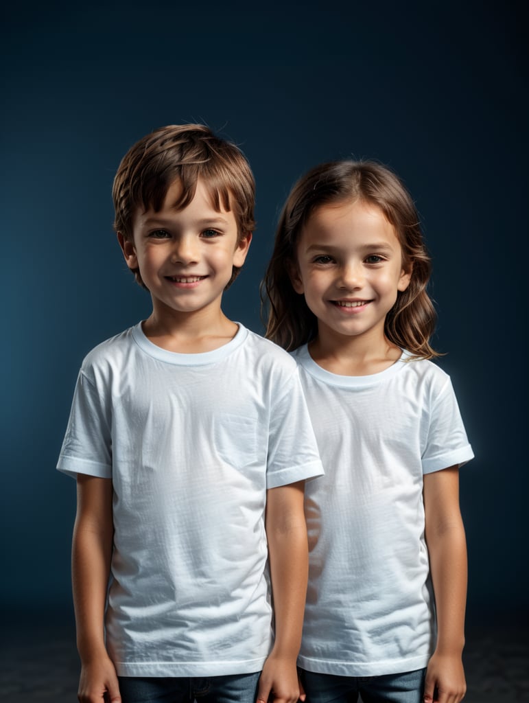 a Little boy and girl wearing white t-shirts, standing in front of blue background, blank shirts no print, 9 years old smiling toddlers, photo for apparel mock-up