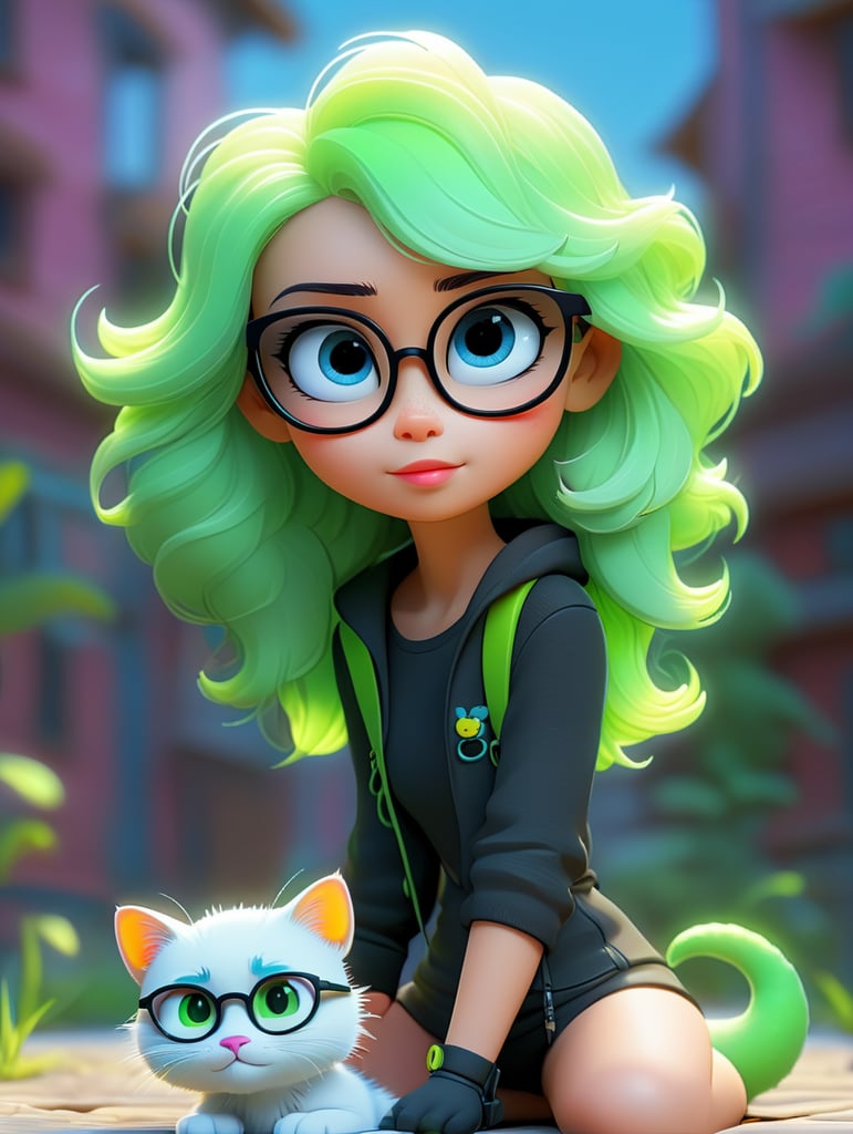 Premium AI Image, modern anime character of Chinese girl AI generated, neon, sunglasses, small cat, lizard
