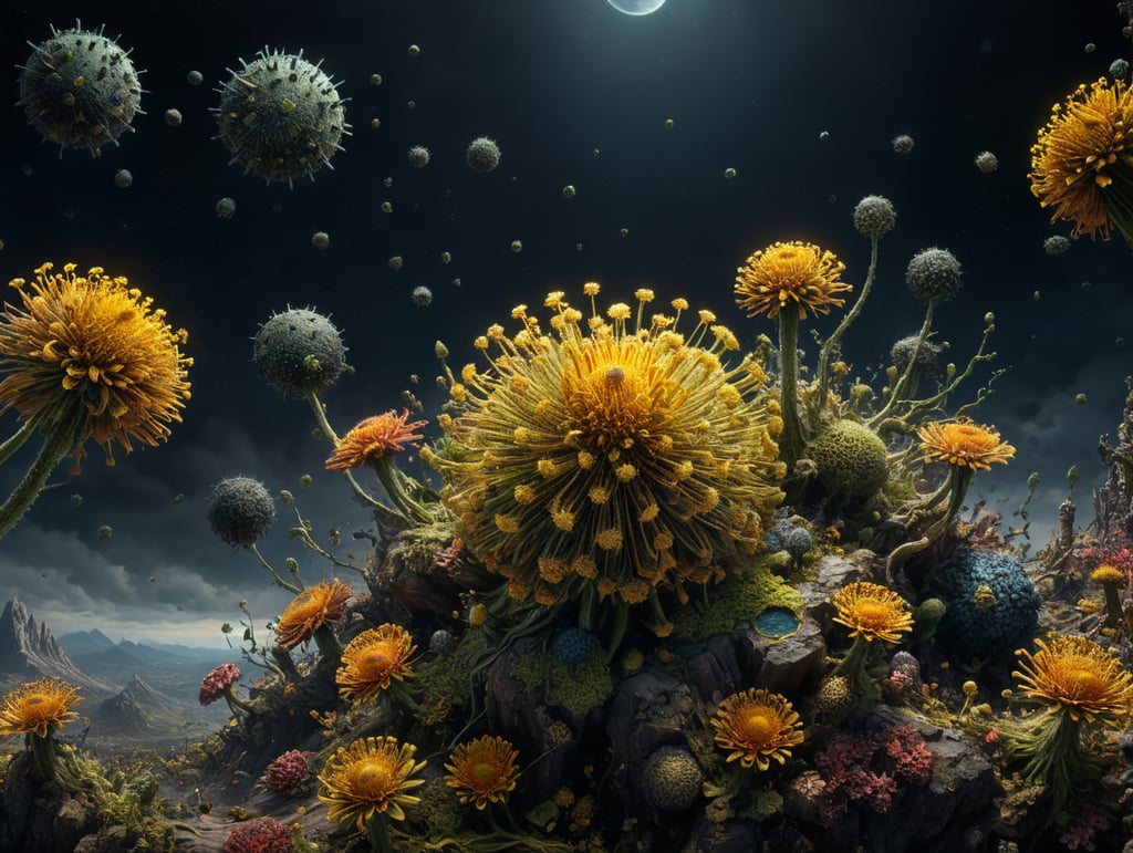 view of several small airy microscopic particles floating in the air such as viruses, pollen and bacteria, no large elements in the foreground