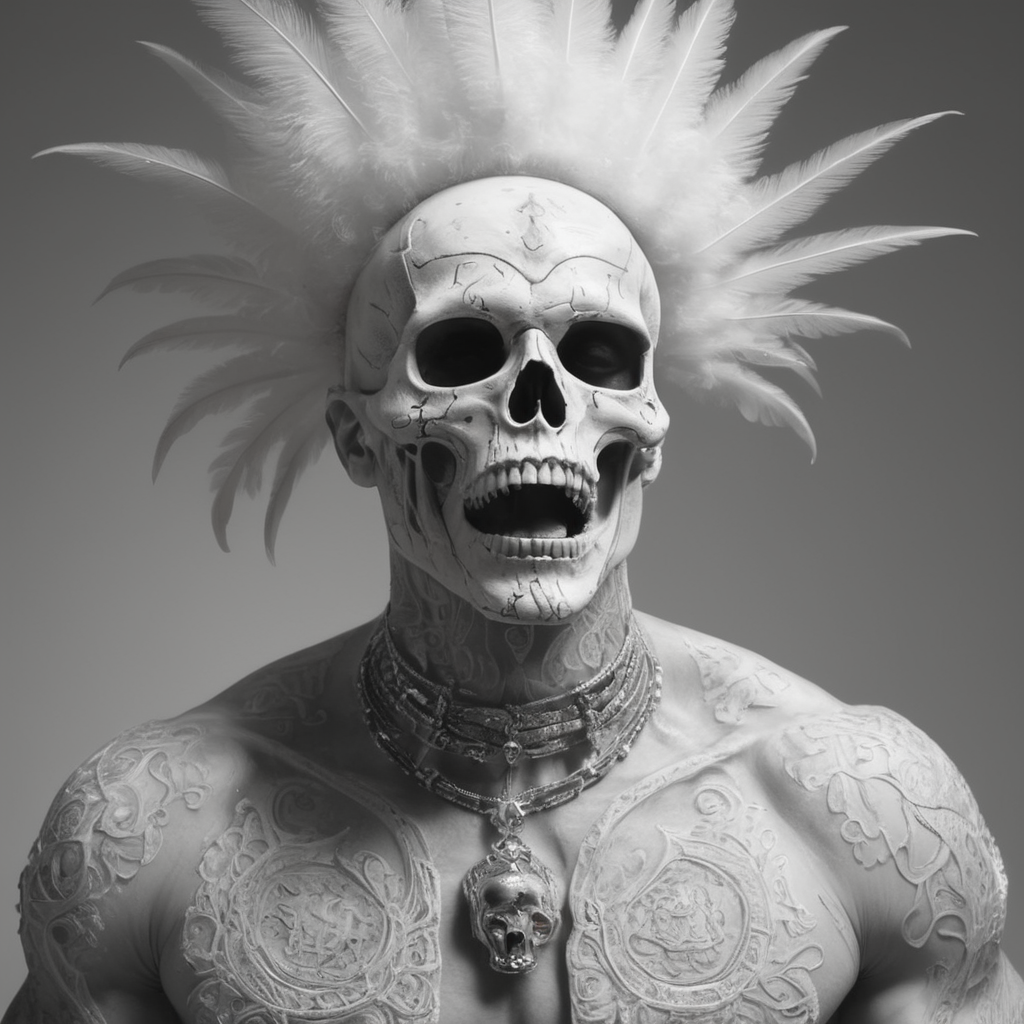 a screaming voodoo priest, eyes wide open, crazy expression on the face, the face is made up like a skull, makeup is made of chalk and partly smeared, black and worn top hat with a brim made of chicken feathers and small skulls, black and worn leather vest, his neck and chest and arms are completely tattooed with voodoo symbols, a glass of rum in the left hand, the right fist stretched towards the sky, full body, midnight, tropical jungle scene in the background, depth of field, taken with an 85mm lens, extremely detailed photo