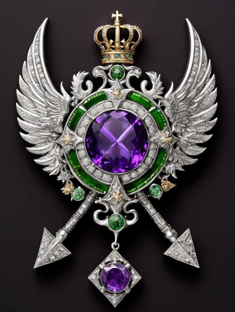 Highly realistic single metal craft, medieval European royal emblem, symbolizing stars and quill pen in the night sky, amethyst, silver, small green diamond, magnificent and noble, frontal view, symmetrical, black background