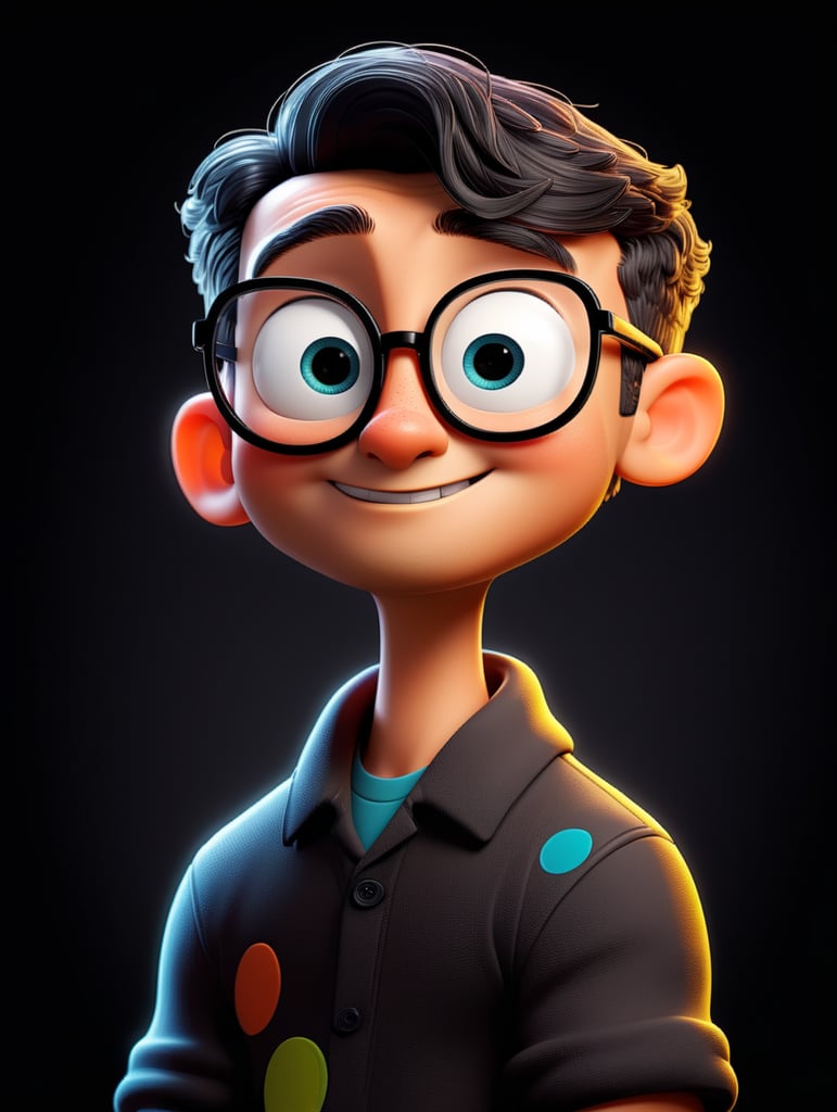 young cartoon character with black glasses, cartoon, isolated, black background