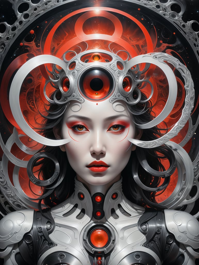 a black and white illustration with abstract space rings and a woman with a halo, in the style of yoshitoshi abe, light red and silver, fluid lines and curves, otherworldly paintings, ritualistic masks, ultrafine detail