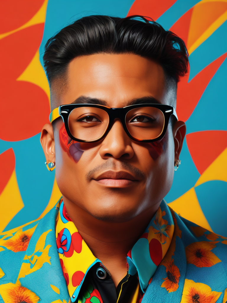Hawaiian singer wearing a brightly patterned jacket and wayfarer glasses, Vivid saturated colors, Contrast color