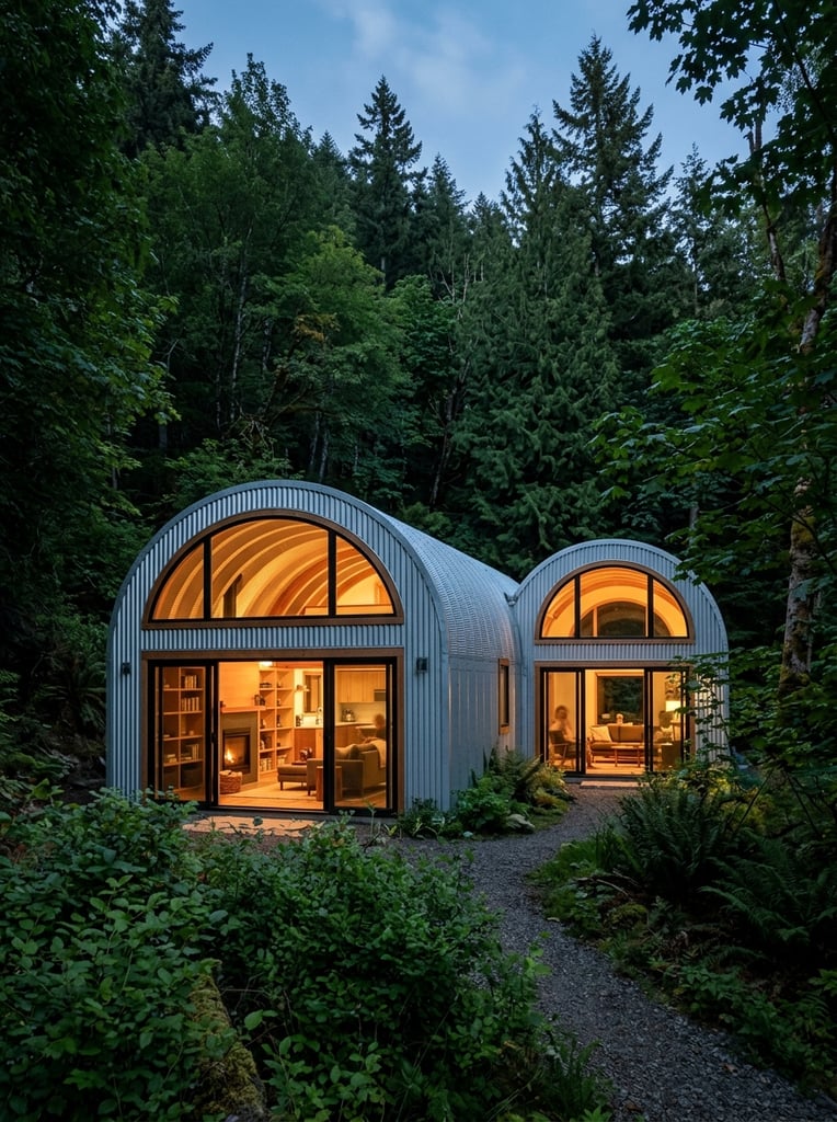 A twin-arched corrugated metal dwelling nestled within a lush, dark green forest at twilight. Warm amber light glows from semicircular upper windows and wide glass sliding doors, illuminating a modern interior against the cool evening shadows. The silvery, ribbed exterior contrasts sharply with the soft leafy bushes in the foreground and the dense wooded hillside rising in the background.