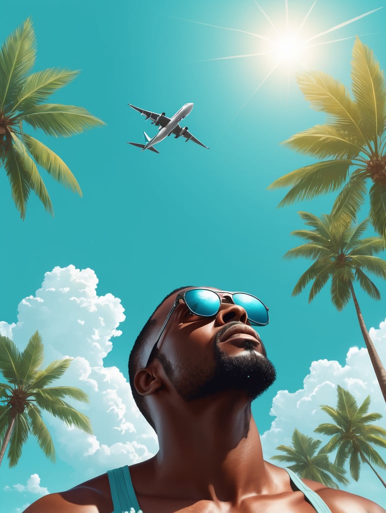 a black man raised his head up, looks at the sky, sunglasses, an airplane flies in a clear sky and leaves a mark, summer, turquoise shades, vector art