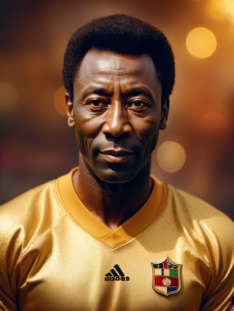 Pele's portrait in a golden football uniform, bright and saturated colors, highly detailed, fashion magazine, sharp focus, Dramatic Lighting, Depth of field, Incredibly high detailed, blurred background