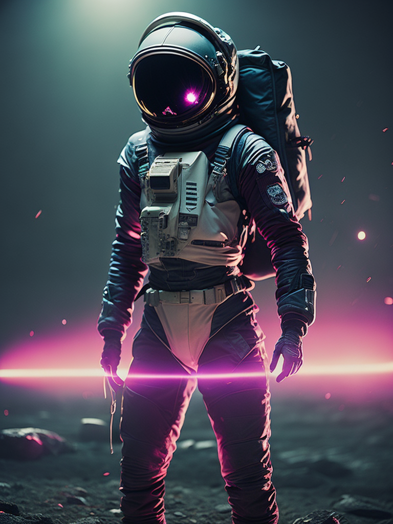 astronauta perdido en el espacio, con un halo de luz magenta que le traspasa el visor del casco, la imagen es de cuerpo completo retro futurista