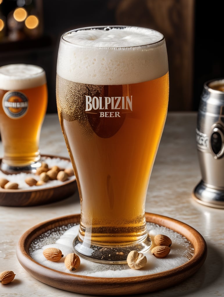 small round stainless steel plate filled with dry peanuts, one gorgeous pint of beer, beer swirl inside glass, one inch of white foam on top, transparent beer, frozen glass, advertisement, highly detailed