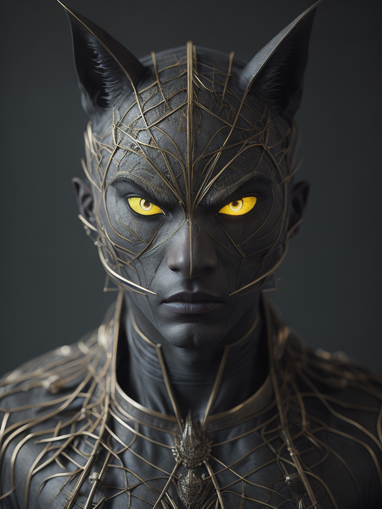 [anthropomorphism cat man in full growth], full body,in full growth, glowing eyes, looking at viewer, dark fantasy demon, gothic cyber, horror egyptian mythology, mysterious golden metal wires, fractional shiny crystals, cult ritual, (masterpiece:1.2) :: (best quality:1.2) :: (intricate) :: (wallpaper), global illumination, ray tracing,