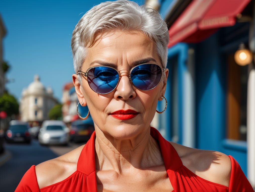 A portrait of a beautiful English older woman with white platinum short hair and big sunglasses, dressed all red, blue background, big cleavage, glamorous London portrait, highly realistic, women designer, very fashionable, colourful