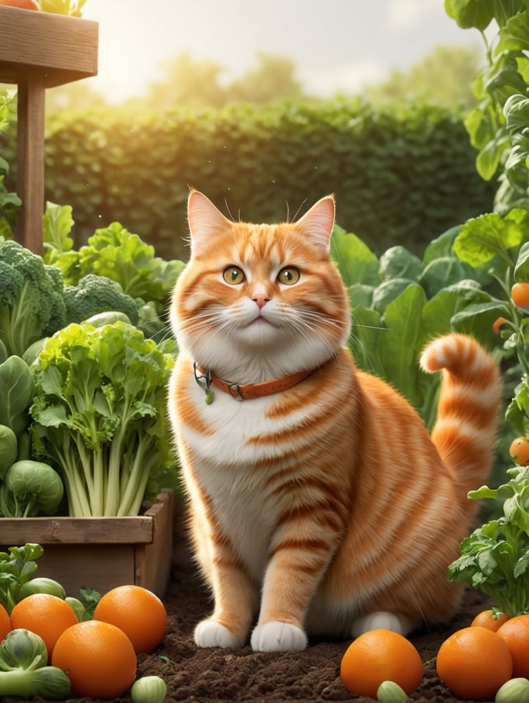 Disney pixar inspired movie poster with the title whiskerpaws in the image a plump orange tabby cat tending a vegetable garden