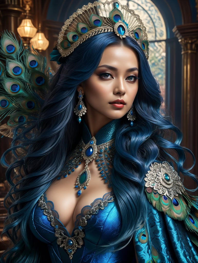 use Solicitor Peacock as a latina woman with blueish long hair and blue peacock elements from the new version of cluedo as if they were in a kpop band