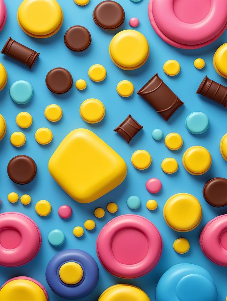 Generate abstract shapes inspired by piping tips, candy textures, and confectionery elements for the construction of a bakery's brand. Incorporate the vibrant palette of strong yellow and mid-tone blue. Avoid direct replication of existing words or elements in this prompt.