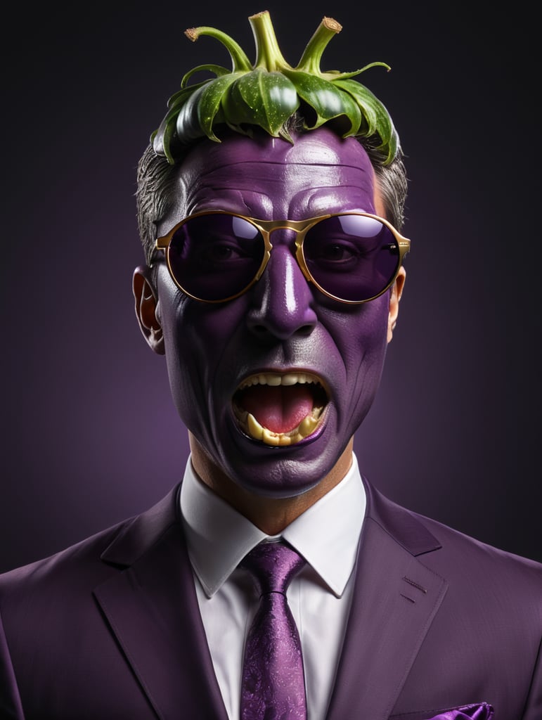 A man in a business suit with a eggplant for a head, dark purple background, sunglasses, isolated