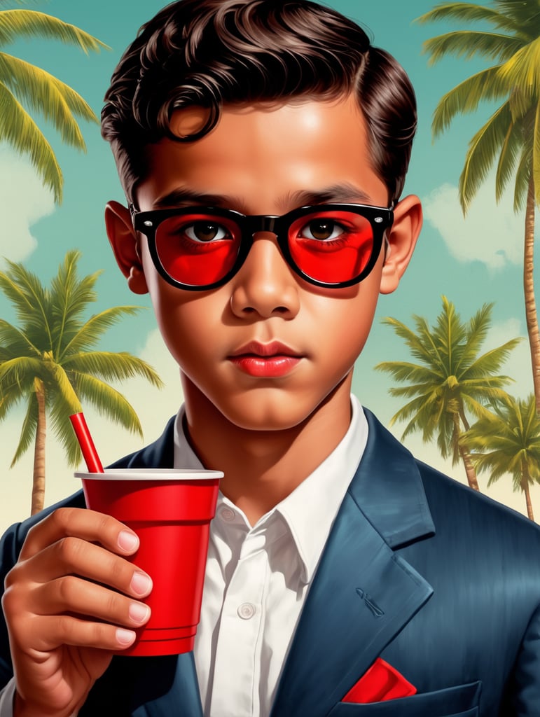 Miami young boy holding a red cup, poster-style drawing and illustration representing the iconic pulp style.