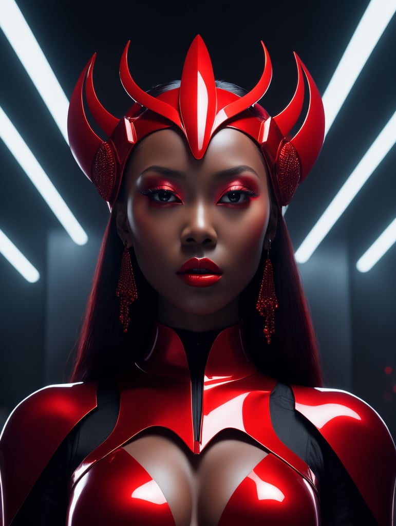 A dark skin black female kpop idol in a all red sleek futuristic outfit, with huge headpiece center piece, clean makeup with oversized red hair, with depth of field, fantastical edgy and regal themed outfit, captured in vivid colors, embodying the essence of fantasy, minimalist