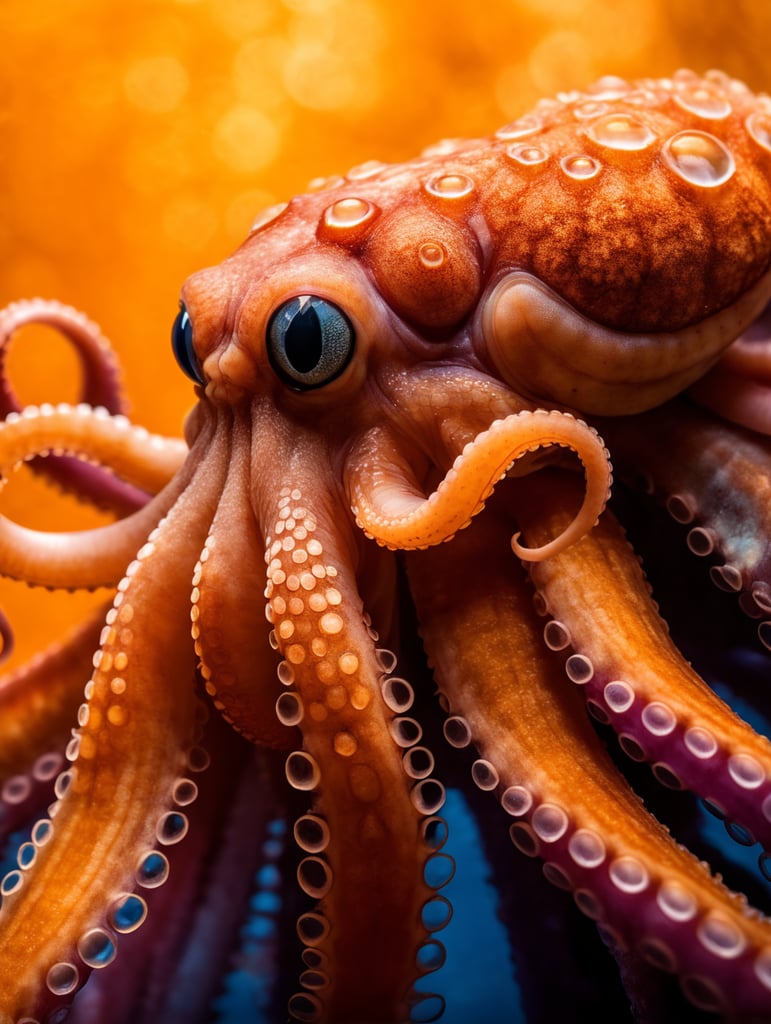 Octopus photography, extreme close up of an octopus showing its tentacles in a blue background, in the style of darkroom photography, orange and magenta, fluid simplicity
