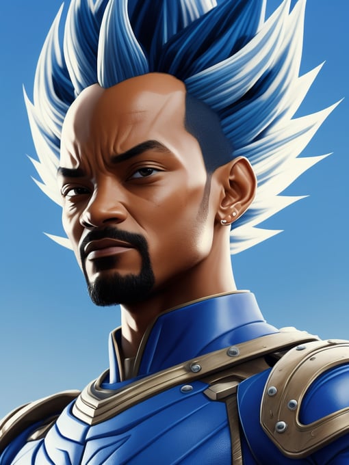 Will Smith as Dragon Ball character Vegeta, aggressive face, blue and white suit, spiky hairstyle, bright saturated colors, bright gradient background