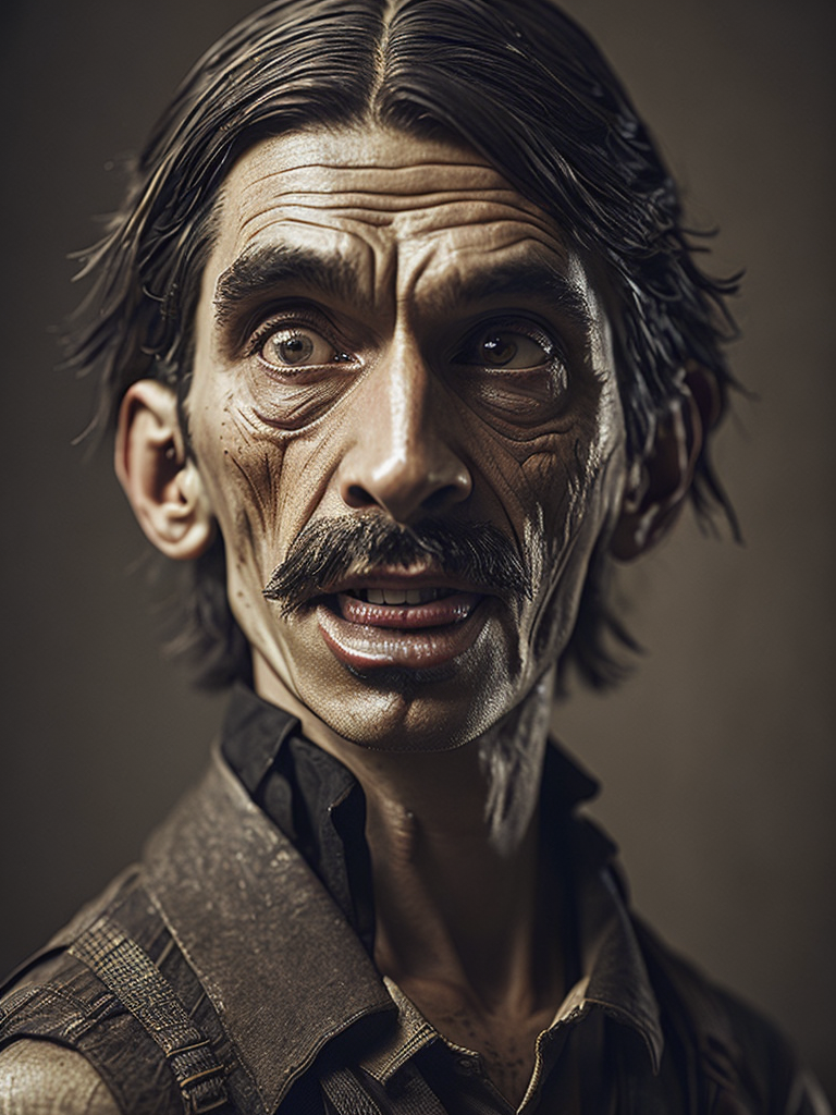 a wet plate photograph of a scary wooden Pinocchio with very long wooden nose and dark bob haircut, neutral emotions on his face