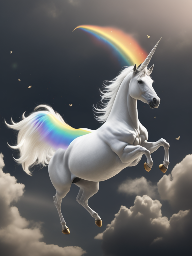 White Unicorn with rainbow horn and wings flying through a cloud