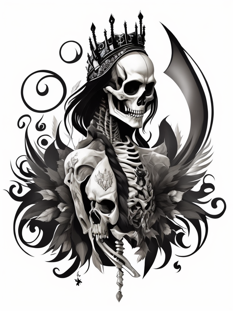 A vector art of a queen skeleton tattoo, white background